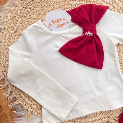 Conj. Blusa Manga Longa Big Laço e Short Saia em Tule com Bolinhas - Vermelho